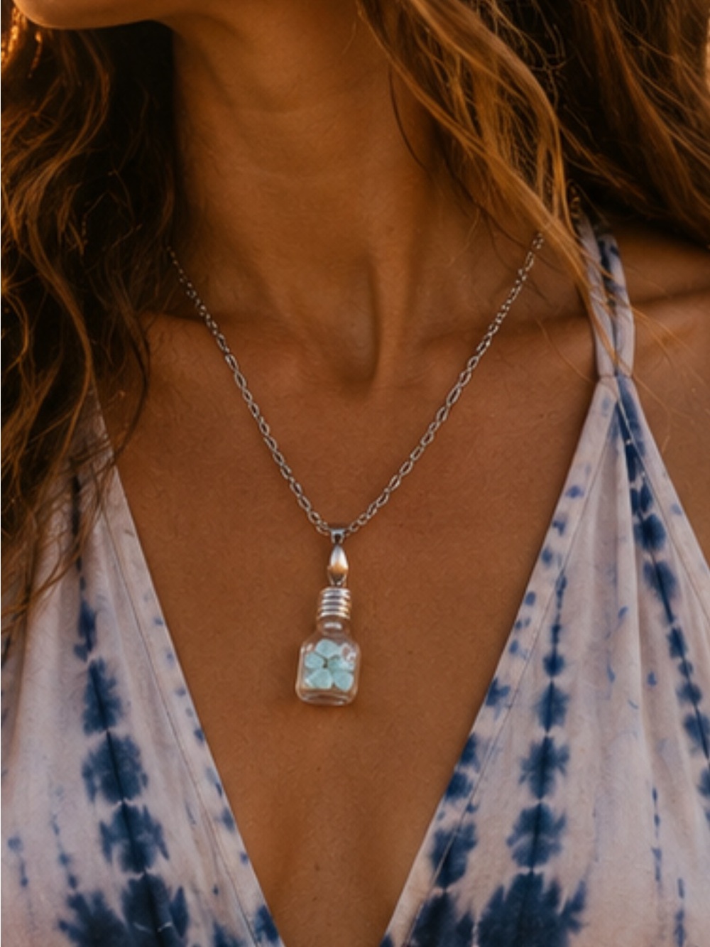 Montana Rocks Silver-Tone Glass Vial Necklace with Light Blue Rocks